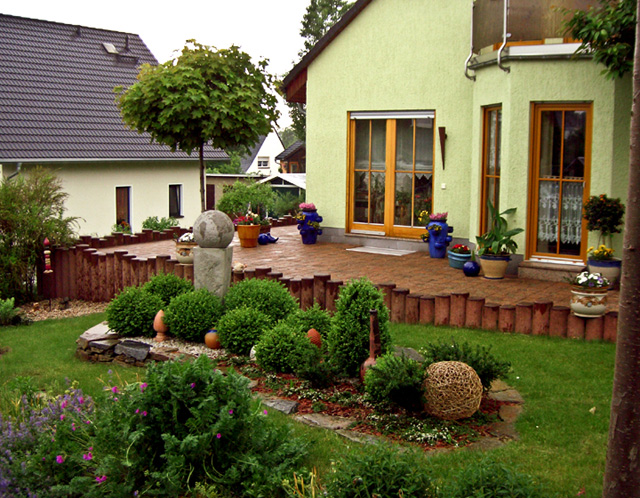 Referenzbild: 24 Harmonische Vorgartengestaltung aus verschieden große Buxus-Kugeln, die Wirkung wird durch den Kugel-Ahorn noch gesteigert.